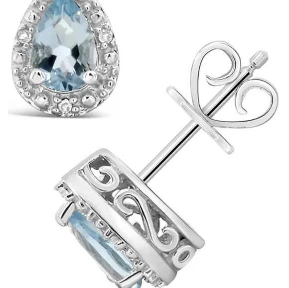 Aquamarine Gemstone and Diamond Accent Sterling Silver Stud Earrings - Picture 3 of 7